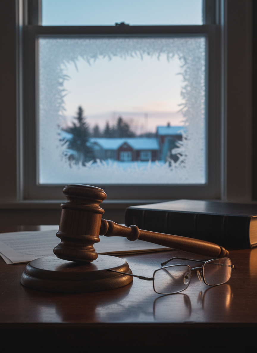 A close-up, photographic shot of a judge’s wooden gavel resting beside a folded pair of wire-rimmed reading glasses on a polished desk, with a large frost-laced window behind them revealing an Alaskan winter town silhouetted against a pale sky. The gavel’s dark wood shows fine grain and slight wear along the edges, while the glasses’ metal frames catch a narrow beam of crisp, low-angled daylight. Papers and a thick, unmarked legal ledger lie just out of focus. The scene is lit by cool natural light and a faint warm glow from an unseen lamp, creating a balanced, professional mood that suggests justice and legal reckoning connected to a harsh northern environment without any sensationalism.