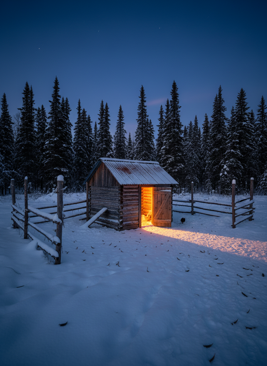 A remote Alaskan homestead clearing at twilight in Fortymile Country, photographed in rich, realistic detail. In the center stands a small, rough-hewn log chicken coop with a tin roof, its door slightly ajar, a faint warm glow spilling through a narrow gap. Sparse chicken feathers cling to the frozen ground and to a weathered wooden fence, hinting at past violence without graphic detail. Snowbanks and dark spruce trees frame the scene under a deep blue, darkening sky. Cool ambient twilight mixes with the subtle warm light from the coop, creating a stark contrast. Captured at eye level with a wide lens, the composition emphasizes isolation, resilience, and survival in an unforgiving landscape.