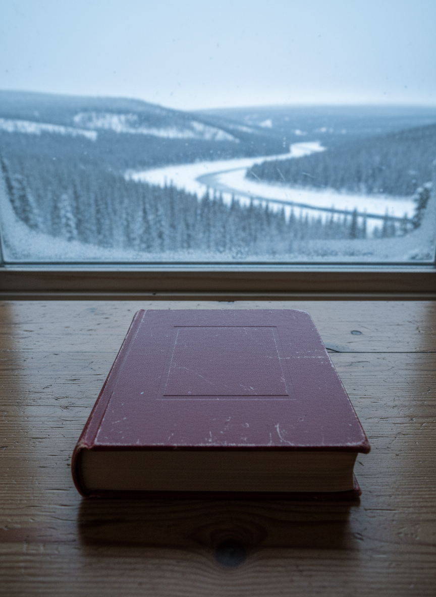 A weathered hardcover true-crime book titled only by a blank embossed rectangle, resting on an old pine table inside a remote Alaskan cabin. The cover is a deep, muted red with subtle scratches and a faint sheen, corners slightly softened with use. Behind it, a frost-rimmed window reveals rolling spruce-covered hills, a distant river, and a pale winter sky. Soft, low-angled arctic daylight filters through, casting cool highlights on the book’s spine and gentle shadows across the wood grain. Shot at eye level with the book centered and the background softly blurred, the photographic realism and restrained color palette create a serious, professional mood that hints at violence, justice, and survival without showing any graphic details.