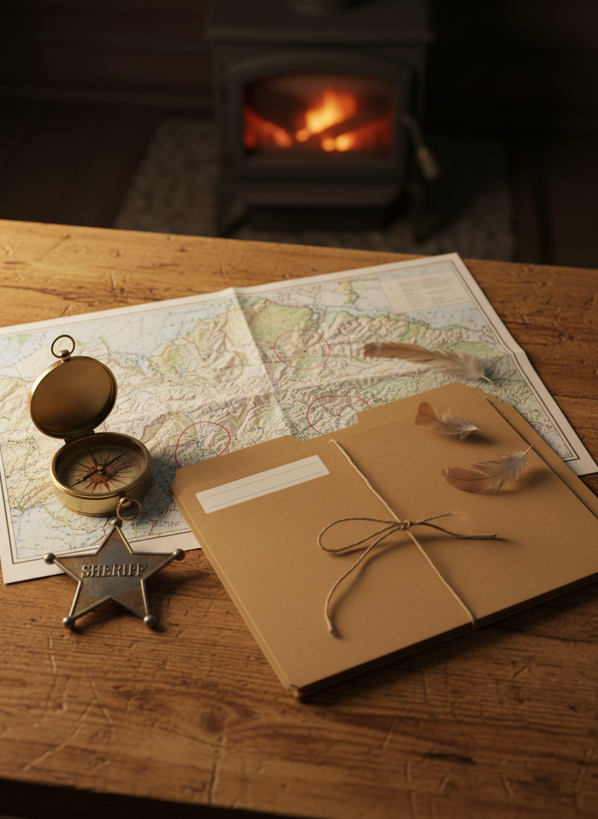 A meticulously arranged wooden evidence table in a small, rustic Alaskan outpost office, photographed from a slightly overhead angle. On the scuffed, honey-colored planks sit a worn topographic map marked with red pencil circles, a vintage brass compass, a metal sheriff’s badge, a manila case folder labeled only with a blank strip, and a few brown chicken feathers. A small, iron woodstove glows softly in the blurred background, hinting at the harsh cold outside. Warm, directional lamplight from the side creates defined highlights on the metal objects and gentle shadows along the paper edges. The photographic realism, controlled clutter, and subdued colors convey a professional, investigative mood centered on justice and survival in remote Alaska.