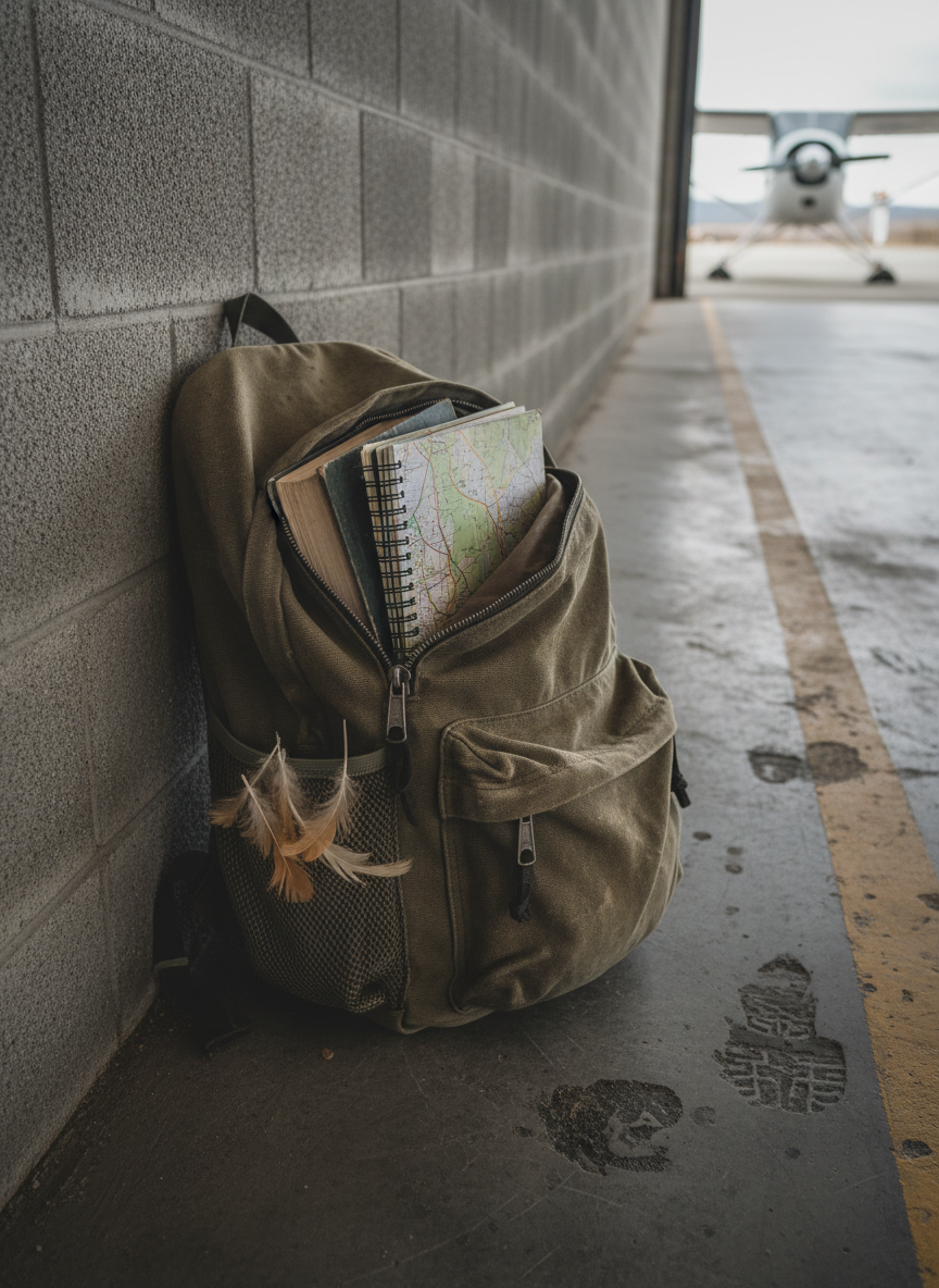 A sturdy, utilitarian canvas backpack leaning against the wall of a small bush plane hangar in Alaska’s Fortymile Country, captured in detailed photographic realism. The faded olive-green fabric is scuffed and stained, its zippers worn shiny from years of use. A corner of a thick, unmarked book, a spiral notebook, and a folded map protrude from the main pocket, while a few chicken feathers are caught in a side mesh pouch. The concrete floor shows dark oil stains and boot prints, with a yellow-painted safety line leading toward the blurred silhouette of a ski-equipped plane in the background. Cool, diffused daylight enters through an open hangar door, creating soft, elongated shadows and a mood of rugged survival and investigative travel.