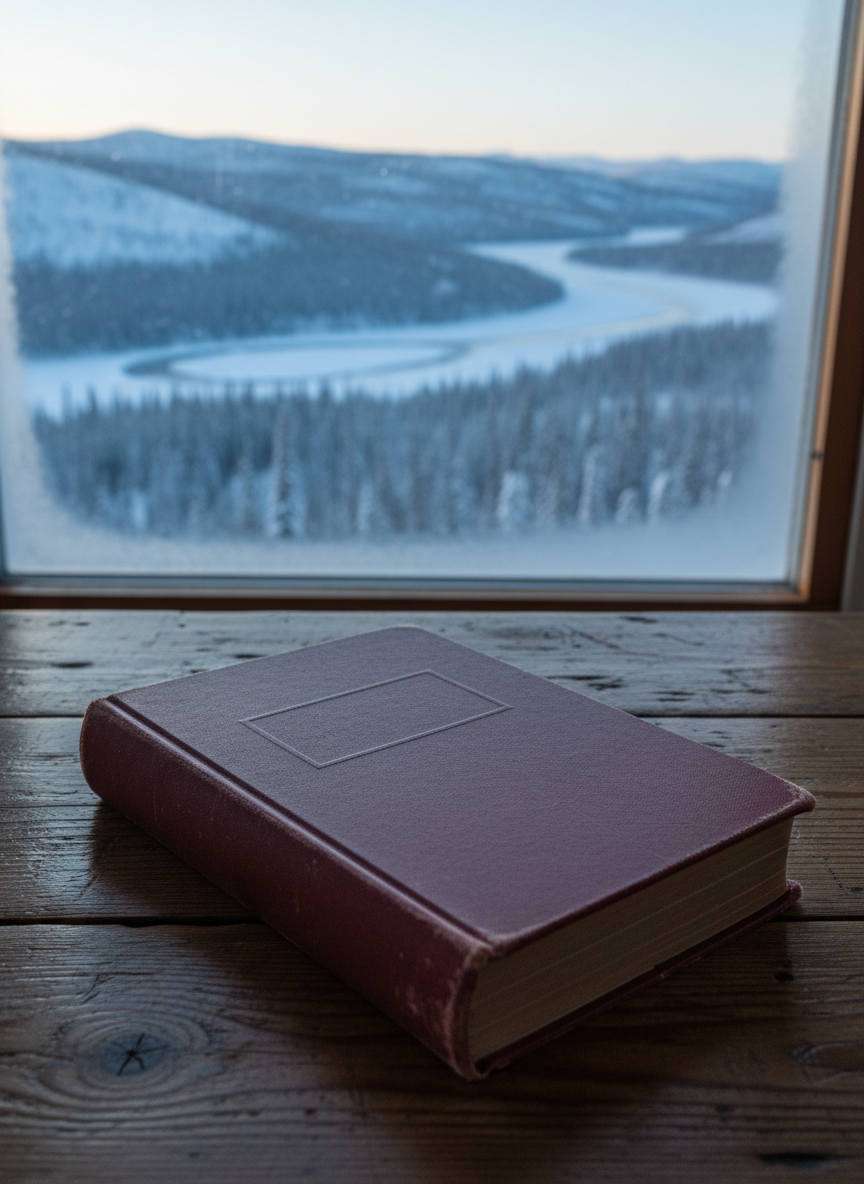 A weathered hardcover true-crime book titled only by a blank embossed rectangle, resting on an old pine table inside a remote Alaskan cabin. The cover is a deep, muted red with subtle scratches and a faint sheen, corners slightly softened with use. Behind it, a frost-rimmed window reveals rolling spruce-covered hills, a distant river, and a pale winter sky. Soft, low-angled arctic daylight filters through, casting cool highlights on the book’s spine and gentle shadows across the wood grain. Shot at eye level with the book centered and the background softly blurred, the photographic realism and restrained color palette create a serious, professional mood that hints at violence, justice, and survival without showing any graphic details.