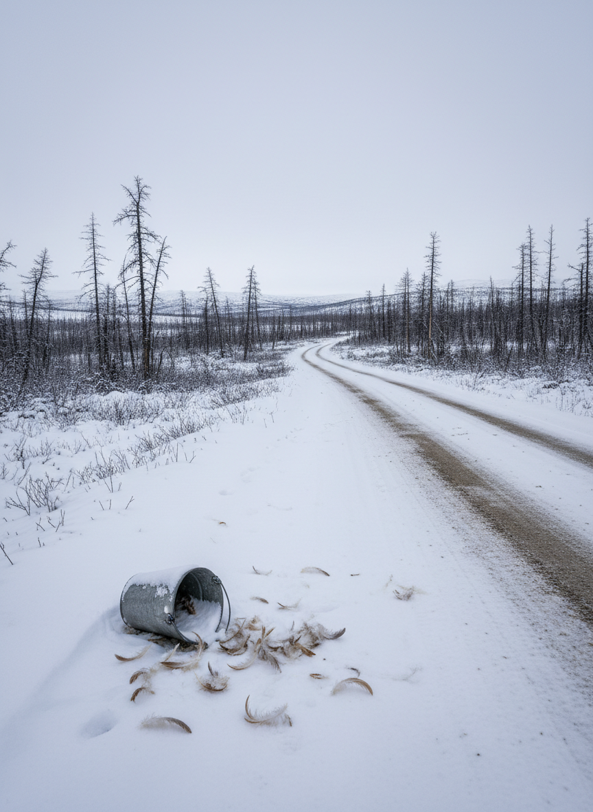 A lonely, snow-dusted dirt road winding through Alaska’s Fortymile Country, captured from a slightly elevated, photographic perspective. In the foreground lies a small, overturned galvanized metal feed bucket beside scattered chicken feathers, partially buried in fresh snow, suggesting a past act of violence without showing anything graphic. Black spruce trees and low rolling hills stretch toward a pale, overcast sky, their silhouettes muted by cold, diffused light. Long, soft shadows reach across the road, emphasizing isolation. The composition follows the rule of thirds, with the road leading the eye into the distance, creating depth. The mood is tense yet restrained, evoking mystery, hardship, and the stakes of rural justice in a stark, realistic landscape.