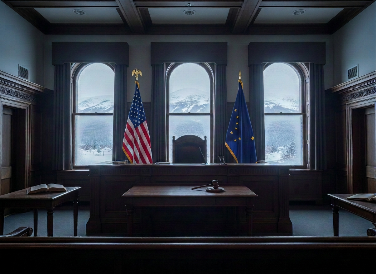 About the Author - Alaska Legal A dignified, atmospheric image representing an Alaskan federal courtroom — a polished wooden judge's bench with a gavel, an American flag and an Alaska state flag flanking it, tall windows with soft winter light filtering through. Serious, professional, evocative of justice and decades of legal experience in the far north.